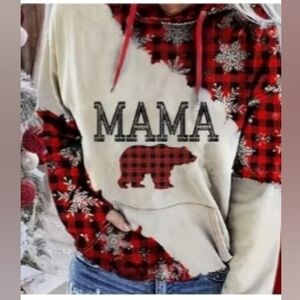 SHEIN Woman's Mama Bear Winter Hooded Plaid Sweatshirt Size Large